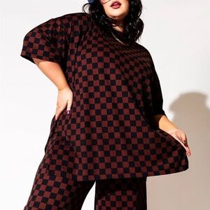 LALA ORIGINAL: Lex Ribbed Checkerboard Playsuit in Black + Mocha Size L